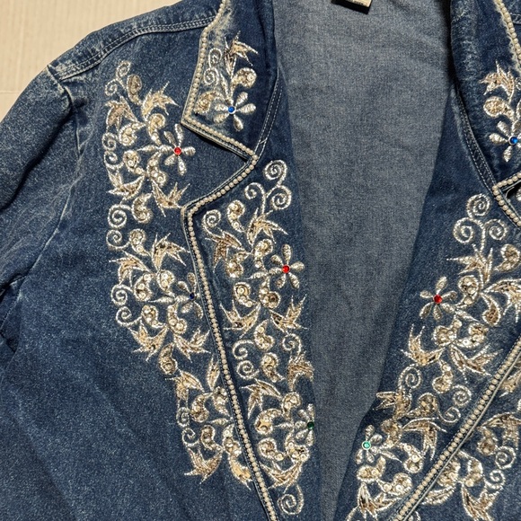 Western Silver Embroidered Denim Blazer Jacket Rhinestones Silver Buttons Size L - Picture 6 of 14